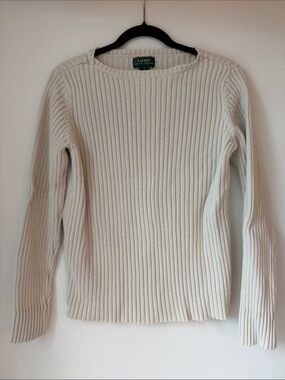 Lauren Ralph Lauren Ribbed Cream 100% Cotton Crewneck Sweater